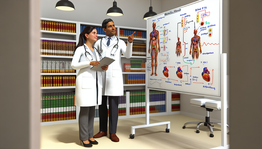 Two Hispanic doctors, a man in his 40s and a woman in her 30s, discuss in front of a whiteboard in a medical office. The whiteboard features sections on 'Hypokalemia' and 'Metabolic Alkalosis,' including diagrams of potassium ions and cellular processes, as well as blood pH balance and bicarbonate ions. The male doctor points to a specific detail while the female doctor takes notes on a tablet, emphasizing a collaborative learning environment focused on muscle weakness, arterial gases, and urinary chloride.