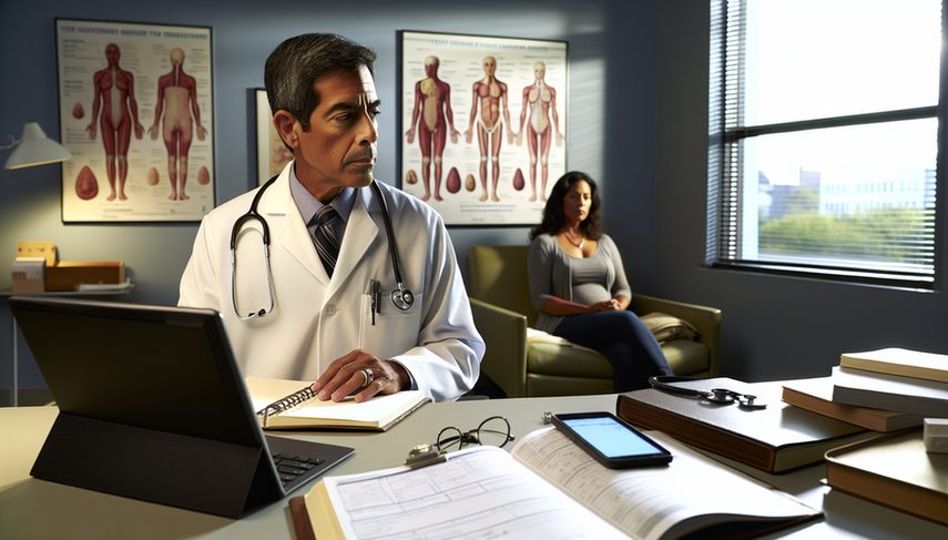 A middle-aged Hispanic physician reviews medical charts in his office, with a diagram of the thyroid gland displayed on his laptop. A Hispanic female patient in her 30s listens attentively. The scene reflects a professional and calm environment, ideal for discussing differential diagnoses between hypothyroidism, depression, fatigue, elevated TSH, and mood swings.