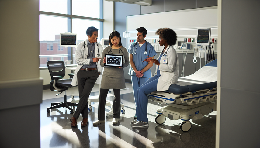 A diverse group of healthcare professionals, including a Hispanic physician, an Asian nurse, and an African American medical technician, reviews an electronic health record on a tablet. The interface displays HL7 standards icons, symbolizing the future of interoperable medical records and information exchange for enhanced continuity of care in a modern hospital setting.