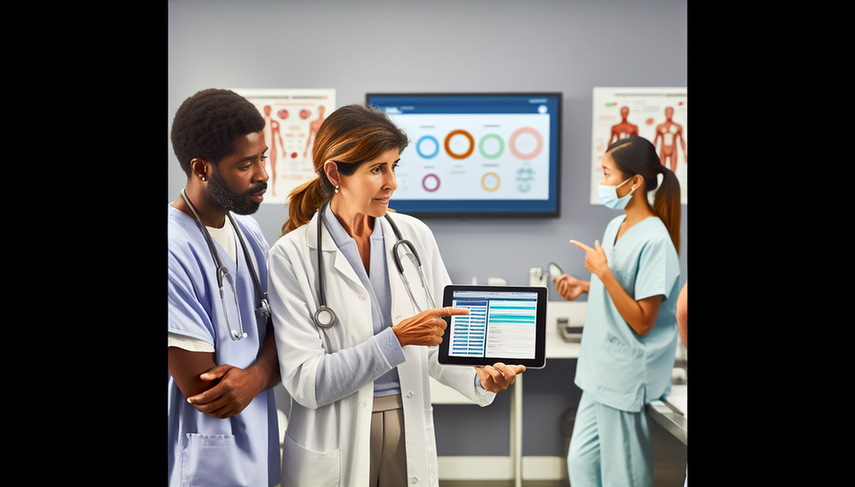A diverse group of healthcare professionals in a modern clinic. In the foreground, a Hispanic female doctor in her 40s holds a digital tablet displaying a vaccination schedule, while an African American nurse points to the screen. In the background, a Caucasian female doctor and an Asian male doctor observe epidemiological graphs on a large display. The environment is professional and collaborative, emphasizing the significance of vaccination history and epidemiological control in disease prevention.