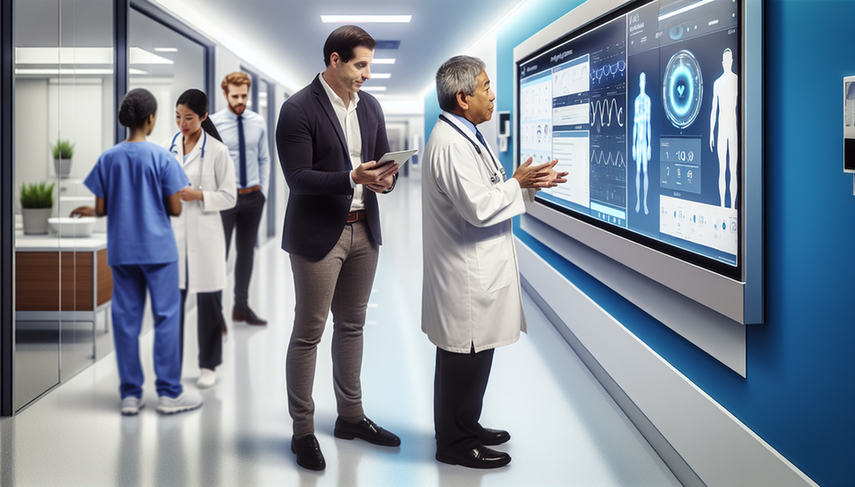 Modern and dynamic hospital corridor featuring a Hispanic doctor using a digital tablet to access patient data, while an Asian nurse monitors vital signs with a smart device. A Caucasian patient observes a screen displaying health metrics. In the background, a diverse group of healthcare professionals analyzes IoMT data on a digital dashboard, emphasizing the integration of advanced technology and connected systems in smart hospital management and hospital big data for the doctor of the future.