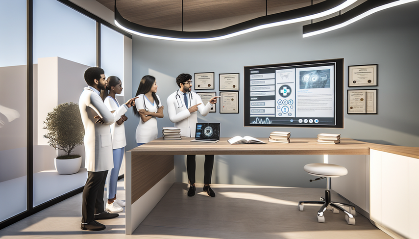 Modern medical office with a diverse group of healthcare professionals gathered around a digital screen displaying a dynamic interface featuring medical guidelines and data, symbolizing artificial intelligence in action. The team, including a Hispanic physician, an Asian female doctor, and a Black nurse, actively discusses and points at the screen. Nearby, open medical books and a laptop with a graph illustrate the integration of traditional and digital resources. The environment is collaborative and innovative, adorned with medical certificates on the wall and a plant in the corner, highlighting the importance of rapid access to evidence and recommendation algorithms in medical libraries.