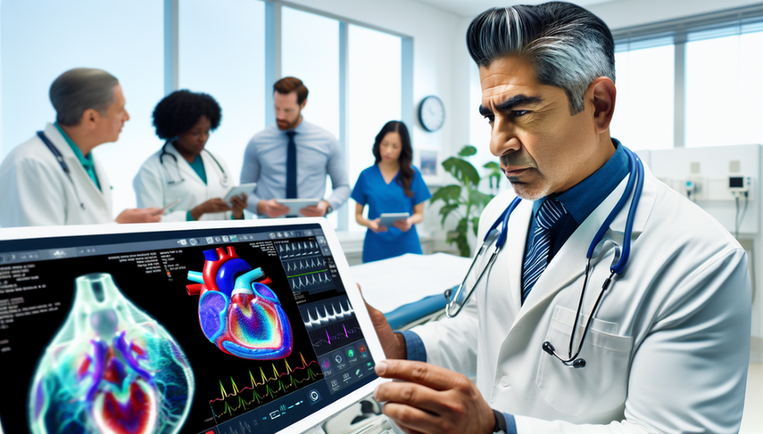 A Hispanic physician in his 40s carefully examines a high-resolution digital screen displaying a detailed and colorful 3D echocardiogram, overlaid with predictive algorithm graphics. In the background, a diverse group of medical professionals discusses while holding tablets with clinical big data analyses in cardiology. The room is equipped with advanced medical technology, reflecting an innovative and collaborative environment in cardiology, emphasizing the role of AI in cardiology.