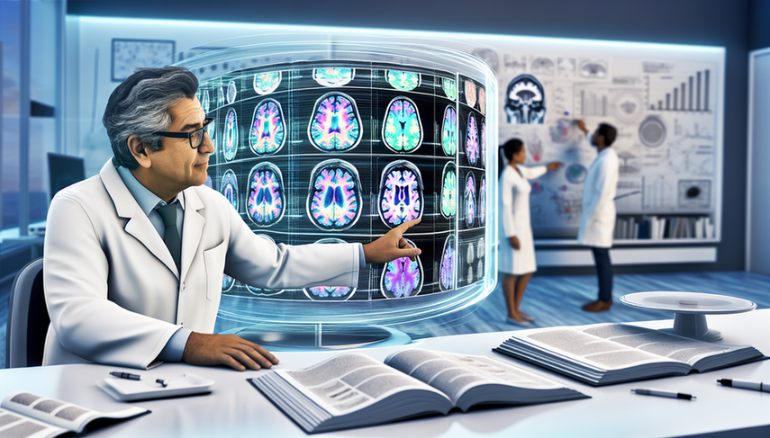 Un científico hispano de mediana edad examina un escaneo cerebral digital en un monitor de alta resolución en un laboratorio de investigación médica. El escaneo muestra colores vibrantes que destacan diferentes regiones del cerebro, simbolizando técnicas avanzadas de imagen. En el fondo, un grupo diverso de investigadores discute frente a una pizarra llena de diagramas y notas, reflejando la colaboración en la investigación avanzada del Alzheimer.