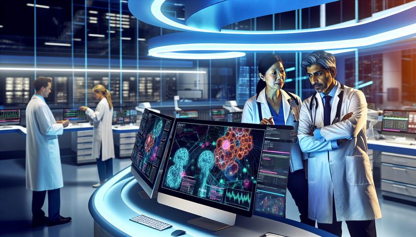 A modern medical laboratory equipped with advanced technology, where a diverse group of physicians, including a Hispanic man and an Asian woman, analyzes complex data on a digital screen related to early cancer detection. The screen displays colorful graphs symbolizing the integration of big data analysis and machine learning in oncological screening. The environment emphasizes innovation and precision in patient evolution and early cancer detection.