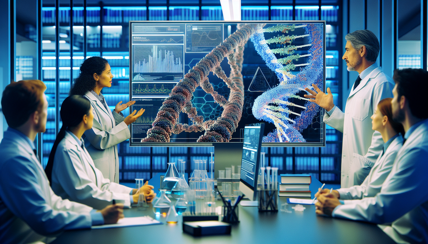 A modern and technologically advanced laboratory featuring a diverse team of scientists and physicians collaborating in front of a digital screen displaying complex genomic data and colorful graphs. The screen highlights a 3D model of DNA strands with annotations. The environment showcases innovation in the application of clinical AI and big data for the diagnosis of rare diseases.