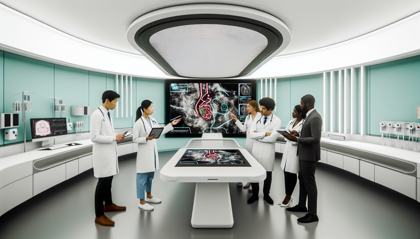 A modern hospital room featuring a diverse group of doctors examining a digital screen displaying a complex medical scan. The image emphasizes the role of AI tools and computer-aided diagnosis in enhancing diagnostic capabilities, with physicians engaged in discussion and taking notes on digital tablets. The atmosphere reflects collaboration and innovation in medical machine learning and clinical case studies.