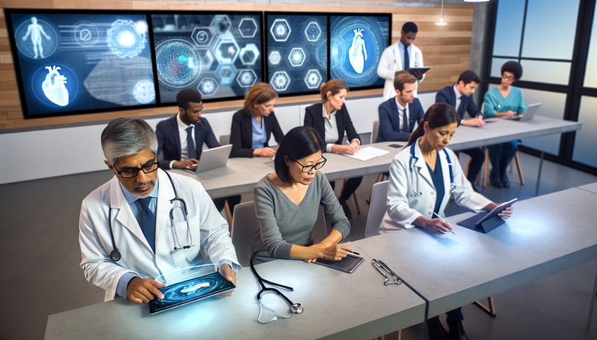 A modern classroom with doctors of diverse ethnicities engaged in an interactive medical e-learning session. A Hispanic doctor observes a virtual simulation on a tablet, while an Asian female doctor takes notes on her laptop. In the background, a Caucasian female doctor and an African male doctor discuss in front of a screen displaying medical diagrams. The collaborative environment highlights the use of AI platforms in continuing education for doctors in the digital age.