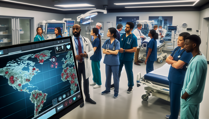 Sala de emergencias moderna con un equipo diverso de profesionales de la salud, incluyendo un médico hispano, una enfermera asiática y un paramédico negro, reunidos alrededor de una pantalla digital que muestra datos epidemiológicos en tiempo real y alertas generadas por IA. La pantalla destaca áreas del mapa mundial con posibles amenazas sanitarias. El entorno refleja un ambiente de colaboración y tecnología avanzada en la atención médica.