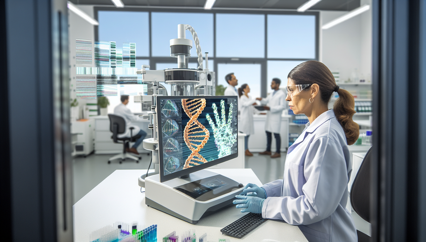 Científica hispana en laboratorio moderno analiza secuencias genéticas en pantalla digital, rodeada de máquinas de secuenciación avanzada y colegas diversos, reflejando colaboración en investigación genómica de vanguardia.