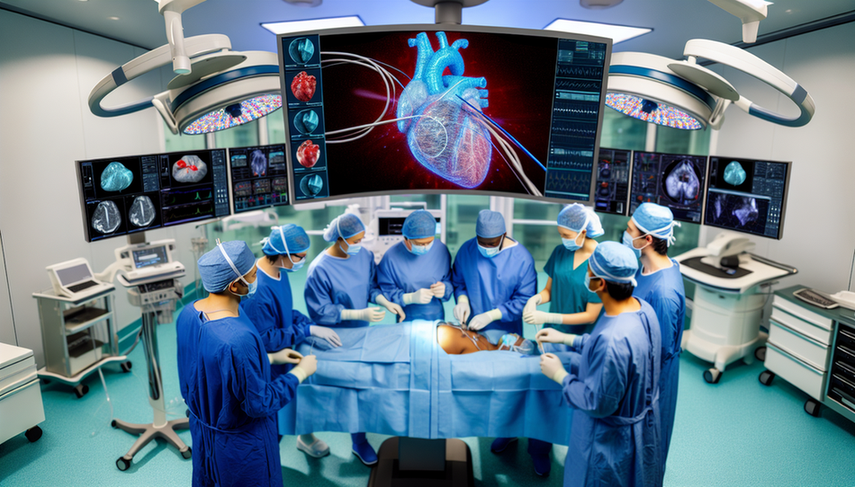 A diverse team of surgeons in a modern operating room, led by a Hispanic surgeon, focuses on assisted cardiac surgery enhanced by AI. They are examining a 3D model of a human heart on a digital screen, utilizing advanced augmented reality technology for surgical planning. The atmosphere reflects collaboration and the integration of AI in the operating room.