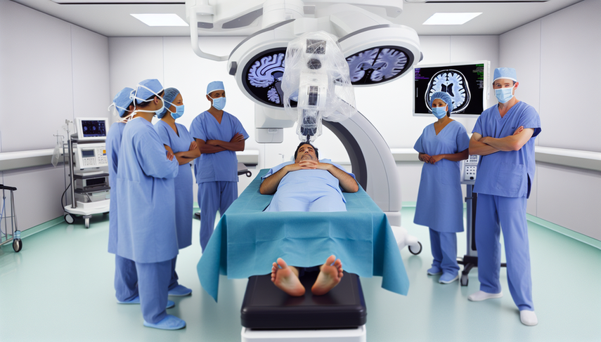 Modern neurosurgery operating room featuring advanced technology, highlighting a surgical robotic arm over a middle-aged Hispanic patient. A diverse team of neurosurgeons, including a Hispanic woman and an Asian man, monitors the procedure. A digital screen displays a 3D brain scan, emphasizing the operative precision of the surgical navigation system and the role of AI in neurosurgery.