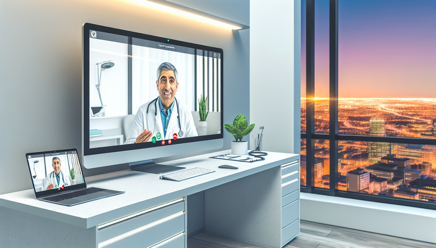 Oficina médica moderna con un doctor hispano de mediana edad en una consulta virtual. El doctor, con bata blanca y estetoscopio, aparece en una pantalla grande mientras interactúa amigablemente con un paciente. En el escritorio, una laptop muestra un registro de salud digital. El entorno refleja profesionalismo y el uso de tecnología avanzada en telemedicina.