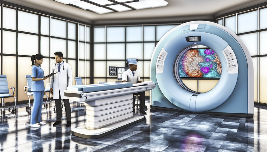 Sala de hospital moderna con un escáner PET-CT de diseño avanzado en el centro. Un equipo diverso de profesionales médicos, incluyendo un médico hispano y una técnica asiática, discuten mientras observan imágenes detalladas de PET-CT en una pantalla digital. La atmósfera refleja colaboración e innovación en medicina nuclear con la integración de IA.