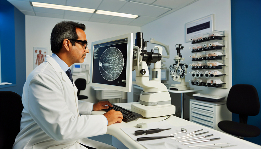Clínica moderna de oftalmología con enfoque en tecnología. Un oftalmólogo hispano de unos 40 años examina atentamente un escaneo digital de retina en un monitor grande, destacando áreas de posible retinopatía. El ambiente es profesional y sereno, subrayando la integración de inteligencia artificial en el análisis y screening retiniano.