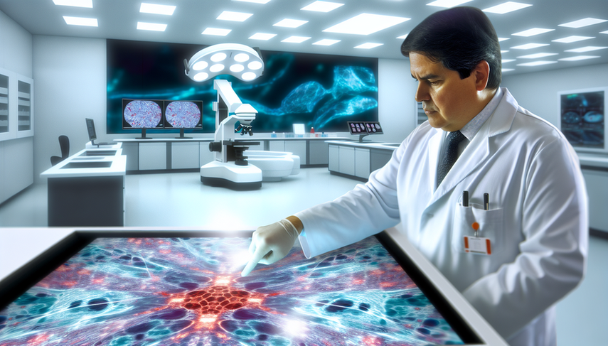 A Hispanic pathologist in his 40s, wearing a white coat, examines a high-resolution digital screen displaying a virtual biopsy image. In the background, advanced laboratory equipment and a digital screen featuring a 3D model of human tissue are visible, highlighting cutting-edge technology and the integration of AI in digital pathology for enhanced tissue diagnosis.