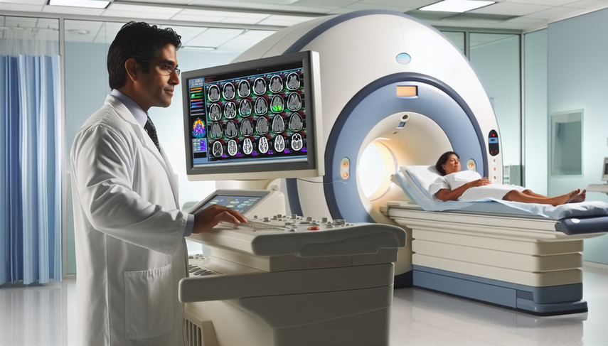 Sala de radiología moderna con un radiólogo hispano de unos 40 años examinando una pantalla digital con una imagen cerebral detallada, resaltando el uso de inteligencia artificial en el análisis. Al fondo, una paciente hispana en la mesa de resonancia magnética, mostrando un ambiente profesional y sereno que destaca la integración de tecnología y experiencia humana en la radiología actual.