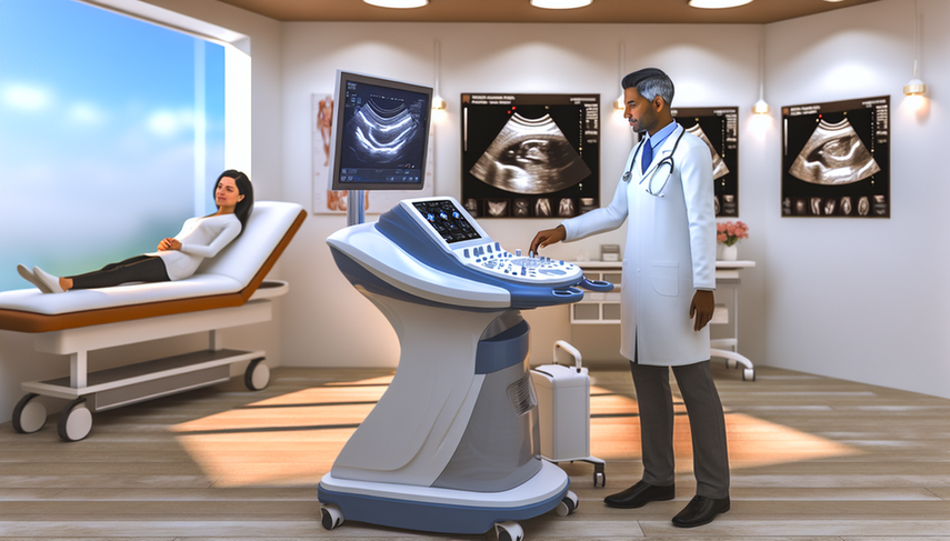 A Hispanic male physician in his 40s, wearing a white coat and stethoscope, carefully analyzes an advanced abdominal ultrasound image on a cutting-edge machine. Next to him, a Hispanic female patient in her 30s is reclining on the examination table, appearing relaxed. The scene exemplifies professionalism and medical innovation, highlighting the role of AI in ultrasound for early diagnosis and accurate pathological detection.