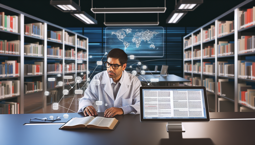 Hispanic researcher in his 30s, wearing glasses and a white lab coat, working at a modern desk in a tech library. He is intently observing the screen of a laptop displaying a complex bibliographic database. Next to him, a tablet showcases interconnected scientific articles. In the background, shelves filled with scientific journals and a large digital map highlighting global scientific collaboration. The environment reflects innovation and a focus on intelligent bibliographic management, emphasizing the role of AI in research and academic big data for researcher doctors.