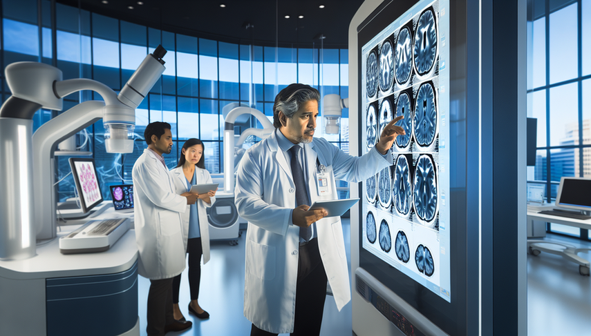 Un neurólogo hispano de unos 40 años analiza atentamente escaneos cerebrales digitales en una pantalla grande en un laboratorio de neurología moderno. En el fondo, un equipo diverso de profesionales médicos discute imágenes cerebrales en una tablet. La escena destaca el uso de inteligencia artificial en el análisis de neuroimágenes para estudiar enfermedades neurodegenerativas.