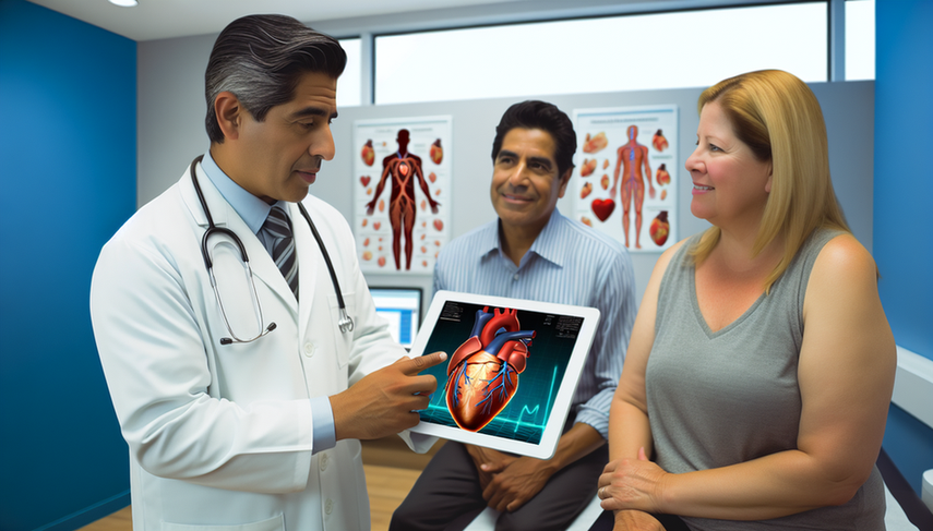 Un médico hispano de unos 40 años muestra a una pareja hispana de mediana edad un modelo 3D de un corazón en una tableta digital, destacando las arterias coronarias. La escena se desarrolla en una oficina médica moderna, subrayando el uso de tecnología avanzada y algoritmos de IA para evaluar el riesgo coronario y prevenir infartos.