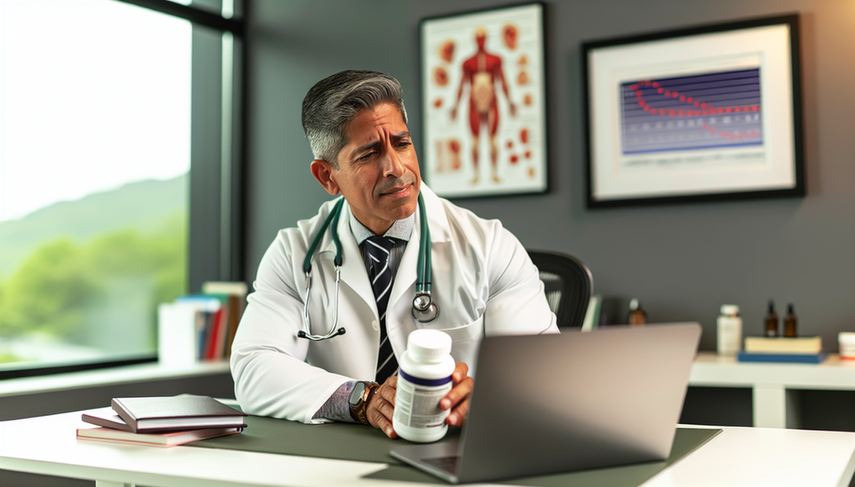 Un médico hispano de mediana edad, con bata blanca y estetoscopio, revisa atentamente un frasco de ibuprofeno en su escritorio de oficina médica moderna. En el escritorio hay libros médicos y una laptop con un gráfico de farmacocinética del ibuprofeno. El ambiente es profesional, reflejando un enfoque cuidadoso en los efectos secundarios del ibuprofeno, como reacciones gastrointestinales, úlceras y nefrotoxicidad.