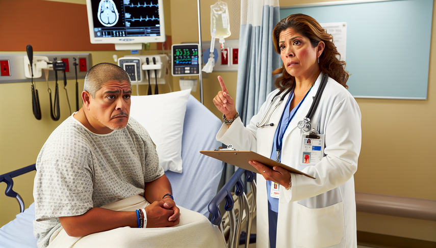 A middle-aged Hispanic patient sits on a hospital bed in the emergency room, displaying a slight look of confusion. A Hispanic female doctor, wearing a white coat and stethoscope, calmly explains while pointing to a brain diagram on a clipboard. The environment conveys urgency and care, emphasizing the critical importance of rapid assessment in stroke and TIA cases to prevent neurological deficits and facilitate timely thrombolysis.
