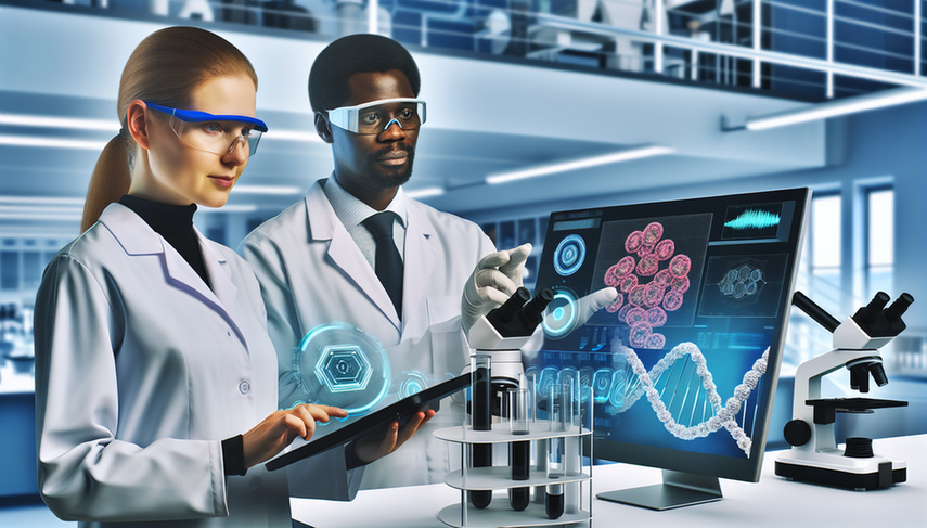 Un laboratorio moderno con un equipo diverso de científicos colaborando. En primer plano, una científica hispana en sus 30s observa una pantalla con visualizaciones de datos y estructuras moleculares. A su lado, un científico surasiático en sus 40s señala un modelo 3D de una cadena de ADN en una tableta. Al fondo, una científica caucásica en sus 50s examina tubos de ensayo con líquidos coloridos. El laboratorio está equipado con tecnología avanzada, incluyendo monitores que muestran algoritmos de IA analizando biomarcadores de cáncer, reflejando un ambiente de innovación y trabajo en equipo.