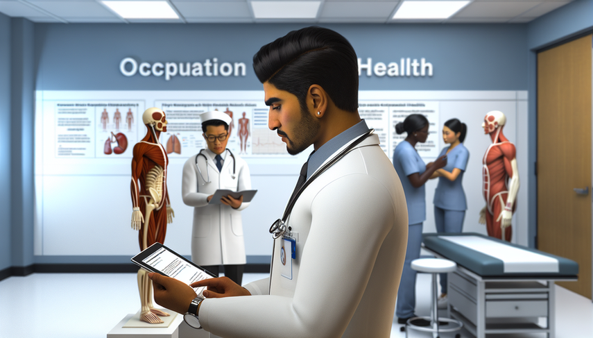 Image of a diverse group of healthcare professionals in a modern medical office. In the foreground, a Hispanic physician carefully reviews a medical history, while an African American nurse holds a tablet displaying occupational health statistics. In the background, two doctors examine an anatomical model of the respiratory system. The setting reflects a collaborative and professional approach to the prevention and diagnosis of occupational diseases, emphasizing the importance of risk prevention and workplace health assessments.