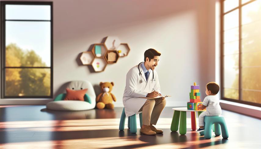 Hispanic pediatrician consulting with a young child, observing their play with building blocks to assess developmental milestones. A parent attentively watches from the background. The warm and welcoming environment emphasizes the importance of early intervention and pediatric evaluation in addressing developmental delay.