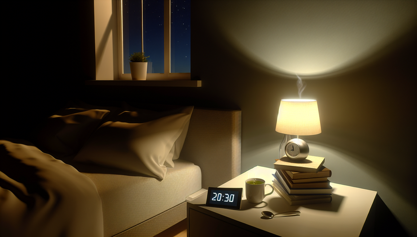 Escena de dormitorio sereno por la noche, con una cama cómoda y lámpara de noche que emite luz cálida. En la mesita, hay libros y una taza de té de hierbas. Una ventana abierta muestra un cielo estrellado. Ambiente tranquilo ideal para un sueño reparador.