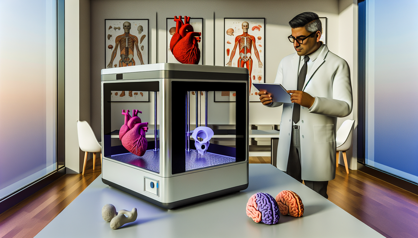 Modern medical office focused on 3D printing in medicine, featuring a printer creating a detailed anatomical model of a human heart. A Hispanic doctor examines printed models, comparing them with a digital model on his tablet. The environment showcases innovation in personalized diagnosis and surgical planning.