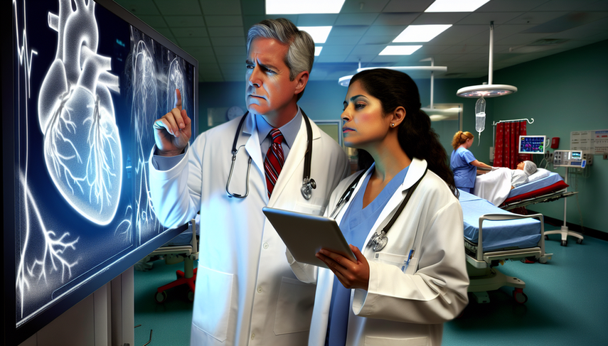 Two Hispanic doctors in an emergency room, analyzing medical data on a digital screen. The doctor points to the screen with a thoughtful expression, while the doctor holds a tablet and nods. The image reflects professionalism and critical decision-making in acute chest pain scenarios, including myocardial infarction and aortic dissection, emphasizing the importance of ECG and blood pressure control.
