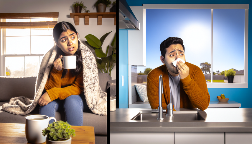 Split image showing a young woman in a cozy living room exhibiting symptoms of a viral respiratory infection, alongside a young man in a modern kitchen displaying signs of allergic rhinitis. Both individuals are experiencing nasal congestion and using tissues, highlighting the differences between viral respiratory infections and allergic rhinitis, including allergy testing and watery discharge.