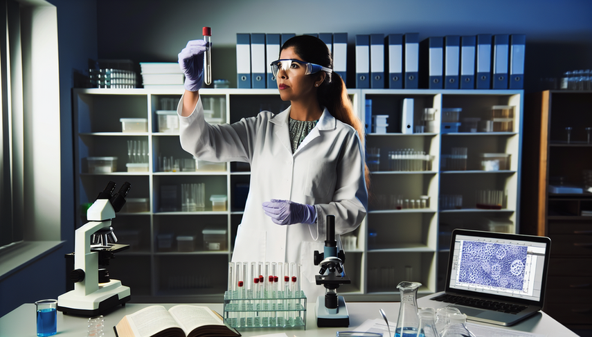 Hispanic scientist in a laboratory examining a test tube with clear liquid, symbolizing serological techniques in immunodiagnosis for accurate antibody detection and diagnosis.