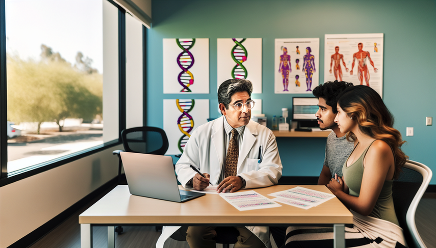 Modern medical office focused on genetic counseling and personalized medicine. A middle-aged Hispanic physician in a white coat and glasses explains genetic testing results to a young Hispanic couple. The desk features illustrations of DNA helices and a laptop displaying a genetic sequence. The atmosphere is professional and warm, emphasizing the significance of carrier identification and personalized healthcare.