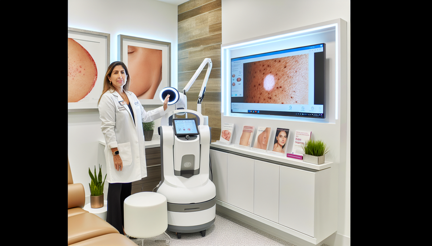 Dermatóloga hispana en clínica moderna examinando dispositivo digital de análisis de piel, con imagen ampliada en pantalla que destaca su capacidad para detección temprana. Decoración minimalista y profesional, con folletos sobre nuevas opciones terapéuticas en dermatología.
