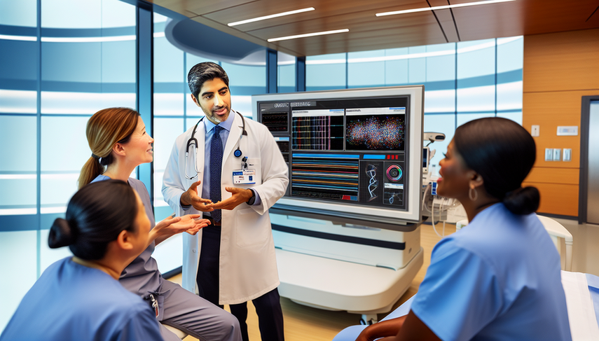 A diverse group of healthcare professionals, including a Hispanic physician, an Asian nurse, and an African American geneticist, collaboratively discussing in front of a digital screen displaying a patient's electronic medical record with genomic data graphs. This scene illustrates the integration of genomic data into clinical practice, emphasizing innovation, data interoperability, and the advancement of precision medicine in connected health.