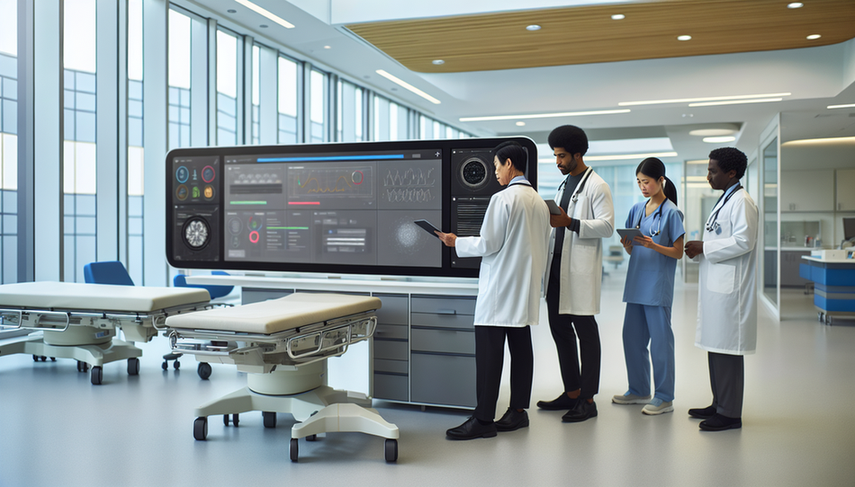 A diverse group of healthcare professionals, including a Hispanic physician, an Asian nurse, and a Black technician, gathers around a digital screen displaying an electronic health record interface with patient data and AI-generated analytics. In the background, a Caucasian doctor reviews information on a tablet. The setting illustrates the integration of AI in electronic health records, emphasizing innovation, hospital efficiency, and collaborative clinical workflow in a modern healthcare environment.