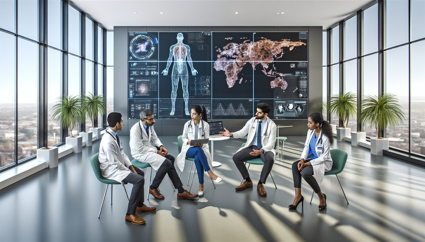 Un grupo diverso de médicos y científicos de datos colaboran en un hospital moderno, observando una pantalla digital que muestra visualizaciones de datos complejos y un modelo 3D de un cuerpo humano con áreas destacadas para posibles diagnósticos. La escena refleja la integración de inteligencia artificial y big data en el diagnóstico médico.