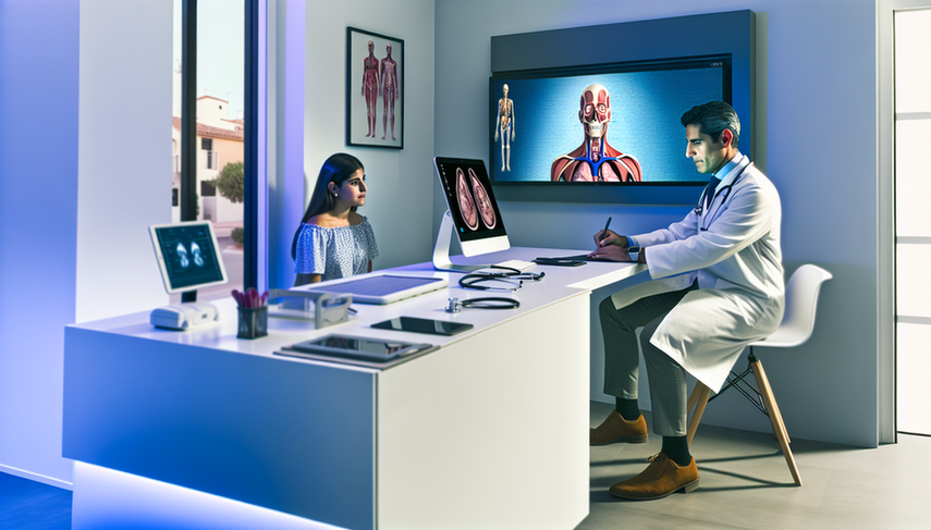 Modern medical office featuring advanced technology. A Hispanic doctor in his 40s, wearing a white coat and stethoscope, attentively examines a computer screen displaying a 3D anatomical model. Next to him, a Hispanic female patient in her 30s observes the screen with interest. The environment is professional and welcoming, highlighting the integration of artificial intelligence in medicine and assisted diagnostics for enhanced clinical applications.
