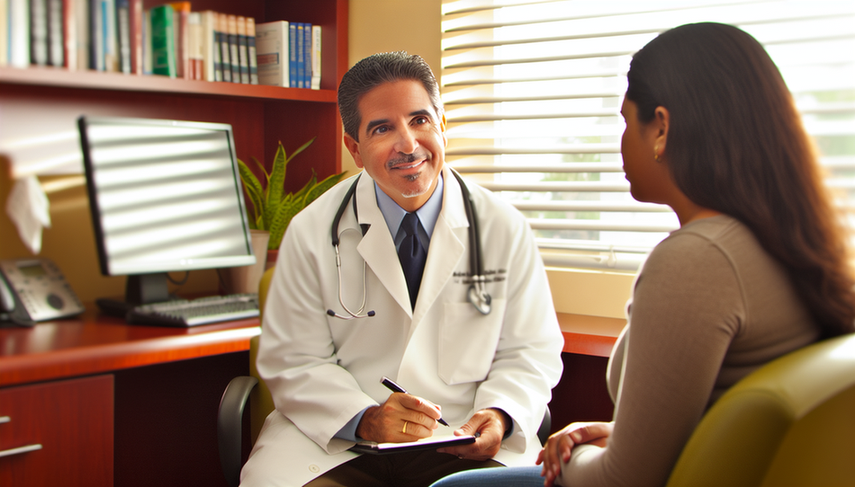 Welcoming medical office with natural lighting. A middle-aged Hispanic doctor in a white coat and warm smile attentively listens to a young Hispanic patient. This doctor-patient interaction exemplifies clinical empathy and effective communication, fostering an improvement of the therapeutic relationship in a professional and inviting environment.