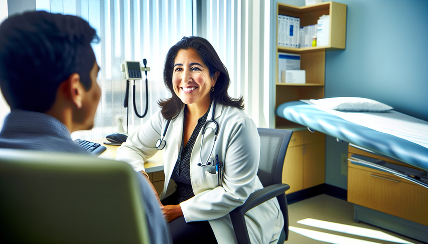 A middle-aged Hispanic female doctor with a warm smile attentively listens to a young Hispanic patient in a consultation room. This interaction exemplifies the importance of doctor-patient trust and empathy, showcasing assertive communication and effective conflict management through the doctor's attentive body language and the patient's engagement in the conversation.