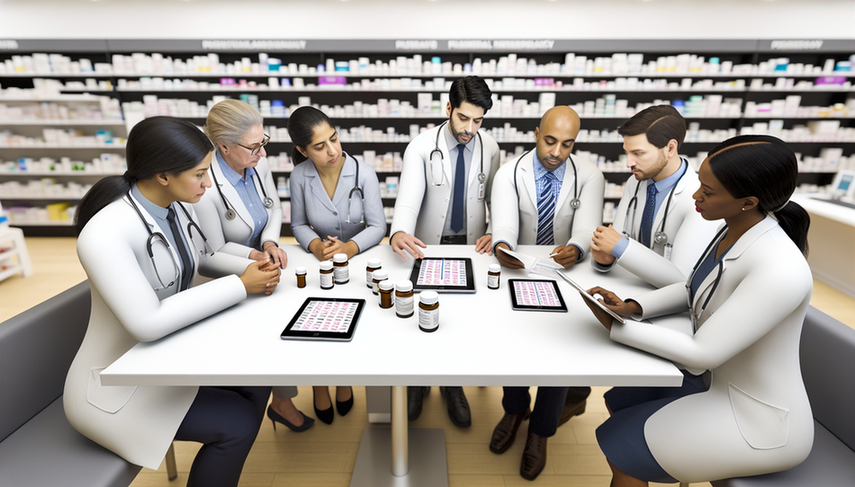 A diverse group of physicians in a modern hospital pharmacy discussing drug interactions. The table features medical books and digital tablets displaying pharmacokinetics graphs of drug interactions. In the background, organized shelves of medications are visible. The doctors, wearing white coats and stethoscopes, demonstrate collaboration and a strong focus on patient safety amidst the challenges of polypharmacy and potential adverse effects.