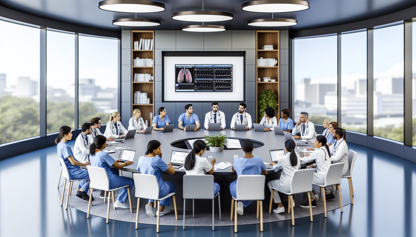 Modern hospital conference room with diverse healthcare professionals collaborating in a meeting. At the center, a round table surrounded by doctors, nurses, and specialists from various ethnic backgrounds discussing patient care. A screen on the wall displays a digital chart with patient data, reflecting an environment of focus, teamwork, and medical coordination for comprehensive care.
