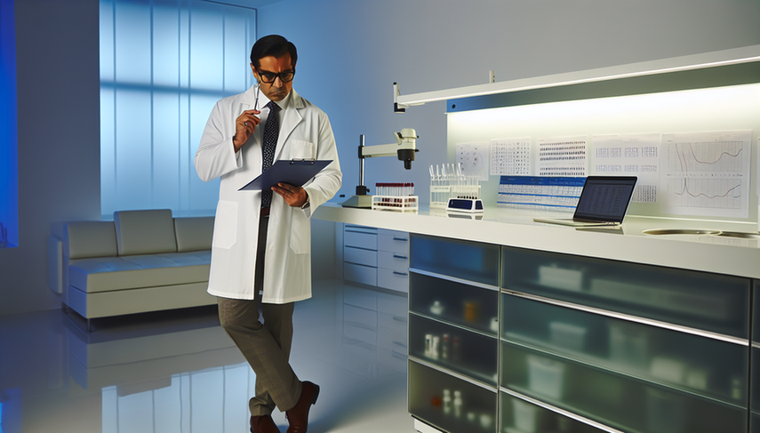 Un médico hispano de unos 40 años, con bata blanca y gafas, examina resultados de pruebas de laboratorio en un entorno moderno y bien iluminado. Sostiene un portapapeles con gráficos impresos, mostrando una expresión de concentración y análisis. Al fondo, se observan instrumentos científicos y tubos de ensayo, reflejando un ambiente profesional y enfocado en la interpretación de datos clínicos.