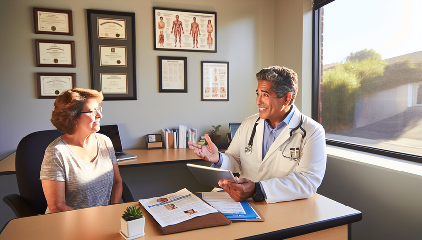 A well-lit medical office with natural light, featuring a middle-aged Hispanic physician smiling while holding a tablet and explaining something to a Hispanic female patient in her 60s who is listening attentively. The desk is adorned with medical brochures and a small plant. The walls display certificates and a poster on healthy lifestyle choices. This image illustrates a collaborative and supportive relationship between doctor and patient, emphasizing the significance of health education and behavior modification to enhance treatment adherence and outcomes in chronic diseases.