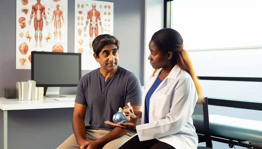 A middle-aged Hispanic man in a medical office points to his right shoulder with a concerned expression. The doctor, a Hispanic woman in her 40s, holds a shoulder joint model and a pen, explaining the differences between a rotator cuff injury and frozen shoulder. Anatomical charts of the shoulder are on the wall, and a computer on the desk displays a diagram of the shoulder joint, highlighting mobility limitations and rehabilitation options.