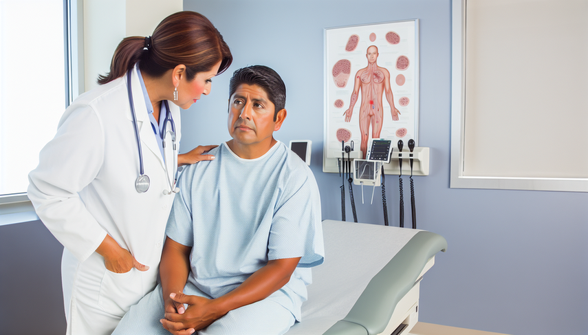 Paciente hispano de mediana edad en una sala de examen médico, luciendo fatigado y atento, mientras una doctora hispana le explica con un gráfico médico en mano. En la pared, un diagrama del hueso muestra la importancia de la comunicación médico-paciente en el diagnóstico de leucemia mieloide aguda.