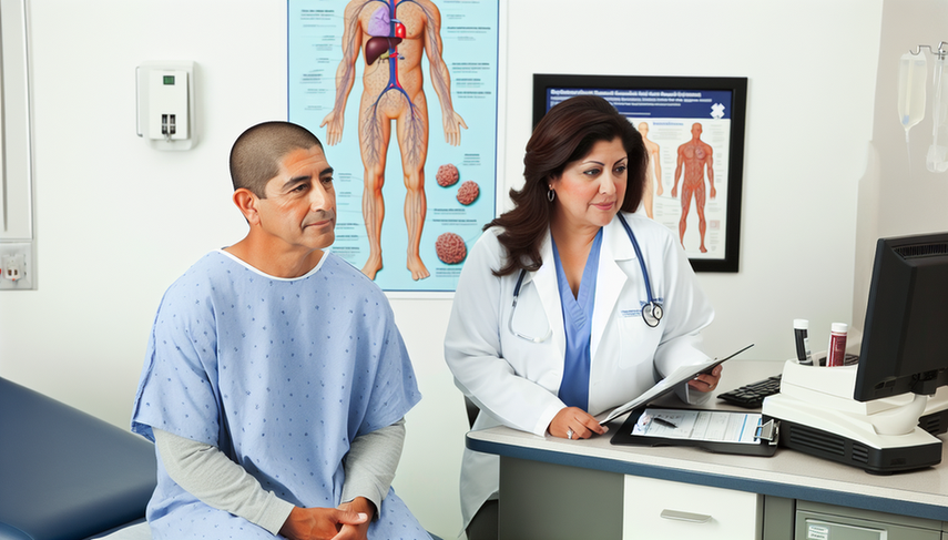 Un paciente hispano de mediana edad en una consulta médica, vistiendo una bata de hospital azul claro, escucha atentamente a una doctora hispana que sostiene un historial médico. En el escritorio, un modelo del sistema linfático destaca los ganglios linfáticos, subrayando la importancia de la comunicación en el diagnóstico del linfoma de Hodgkin.
